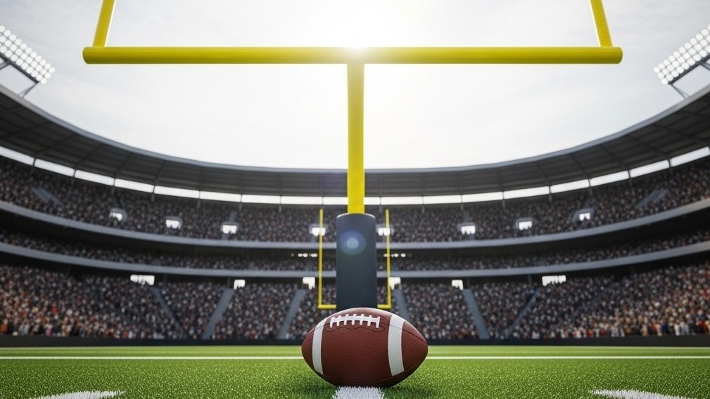 A dramatic low-angle shot of an American football on the field, lined up for a kick in front of a goalpost with a full stadium blurred in the background, ready for a field goal.