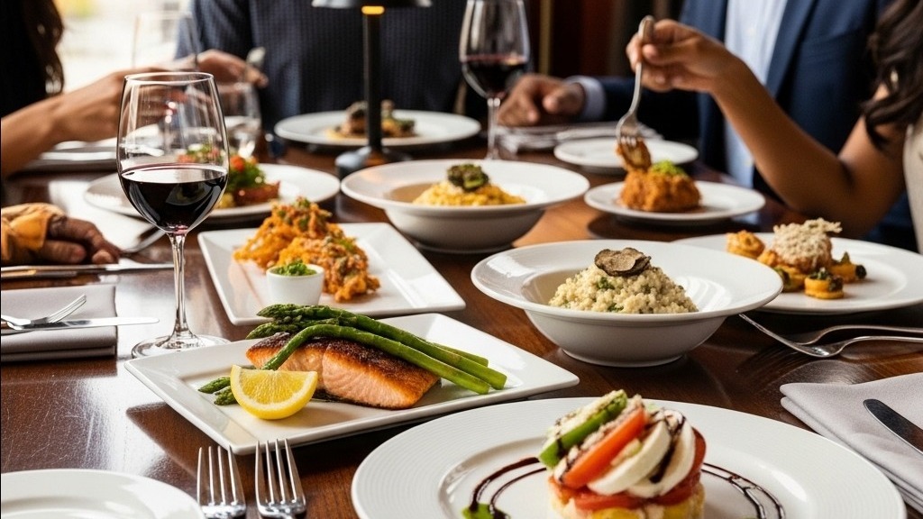 A close-up of a restaurant table filled with beautifully plated gourmet dishes, with a diverse group of happy friends laughing and dining in the background.