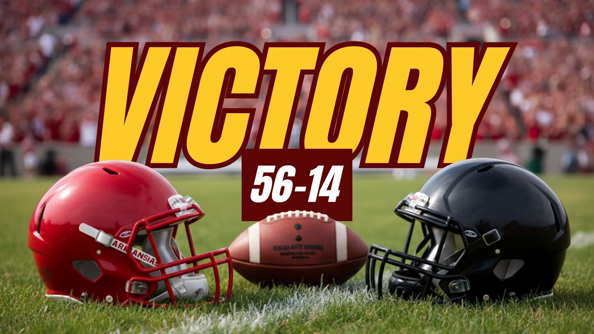 Arkansas Razorbacks victory at a packed football stadium, fans cheering.