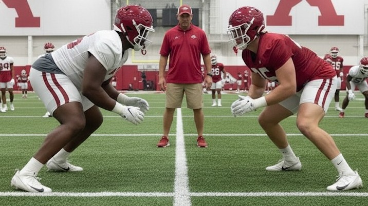 Arkansas Razorbacks coach on football field during practice.