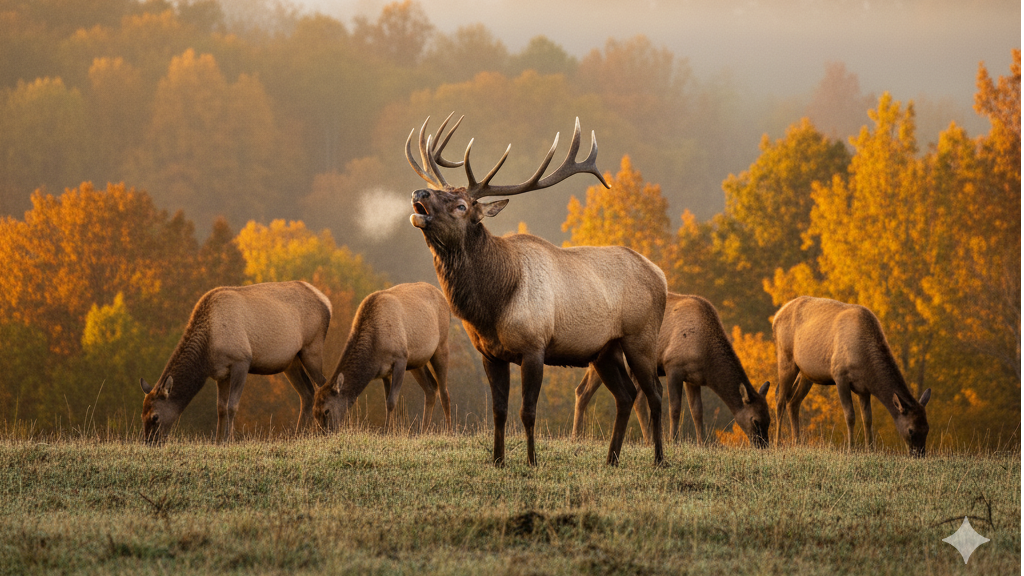 a bull elk with a small harem in Arkansas Ozarks.