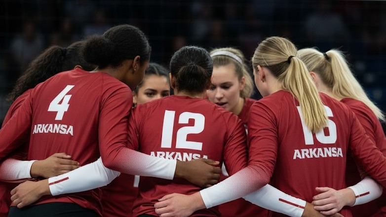 Arkansas volleyball coach observes team during intense match.