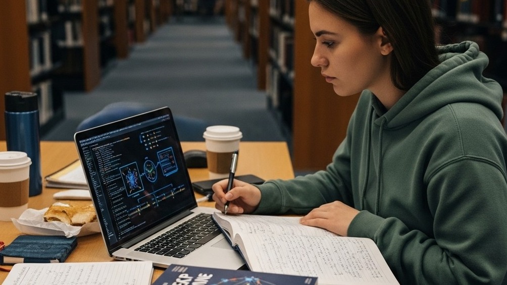 Collage student learning AI and Robot learning in library.