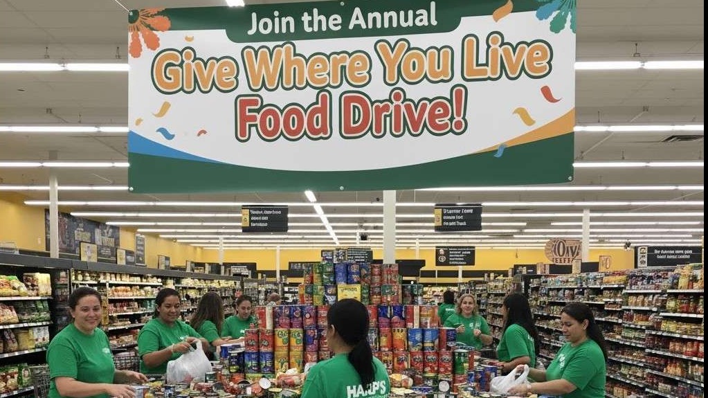 Autumn-themed food drive poster with pumpkins and leaves promoting Give Where You Live Food Drive.