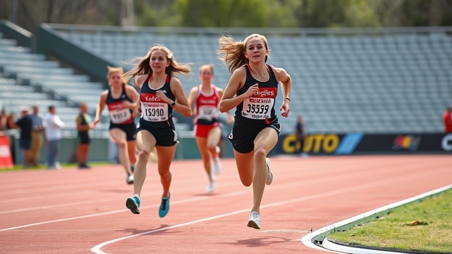 Female athletes competing in a collegiate track and field race.