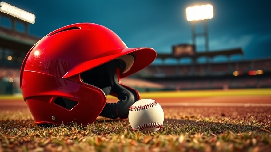 Red baseball helmet and ball on stadium ground, NCAA baseball tournament themed.