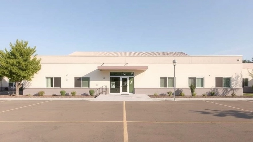 Photorealistic rehabilitation building for criminal justice reform, in neutral colors.