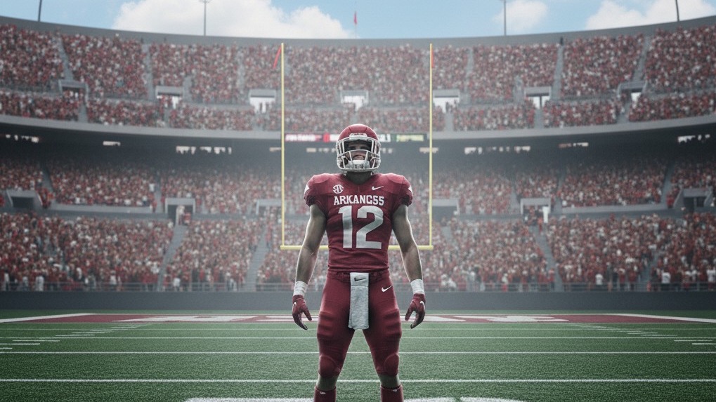 Arkansas football players in postgame discussion after close loss.
