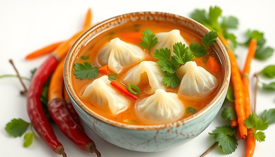 Vibrant Thai coconut dumpling soup with fresh ingredients.