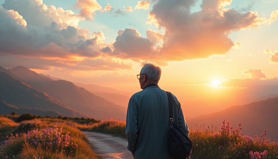 Elderly man walking uphill at sunrise, depicting healthy aging and longevity.