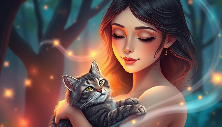 Woman and cat in mystical forest, symbolizing healing after losing a soulmate pet.