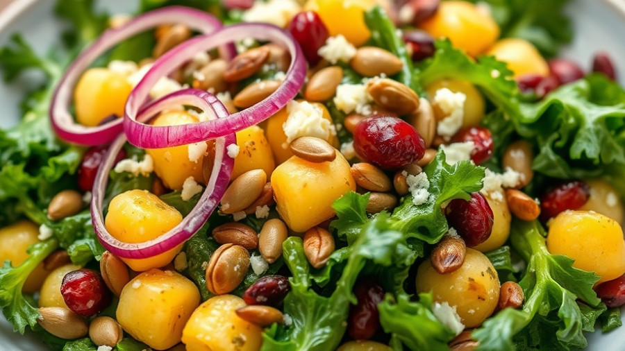Roasted gnocchi kale salad with toppings in a cozy bowl.