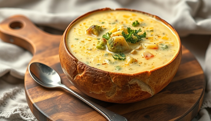 Panera Broccoli Cheddar Soup in a bread bowl on a wooden board.