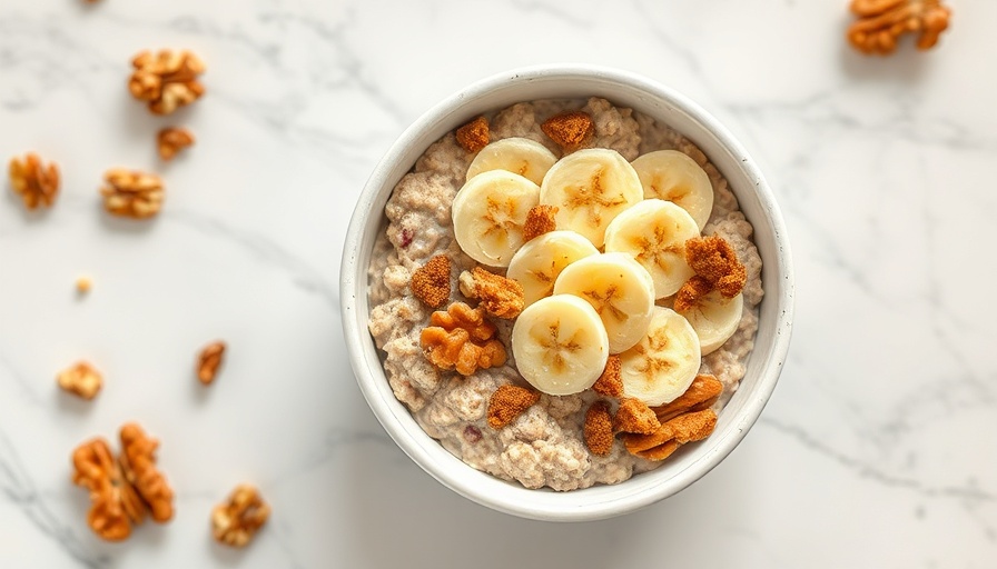 Delicious oatmeal bowl with bananas and walnuts for quick and healthy recipes.