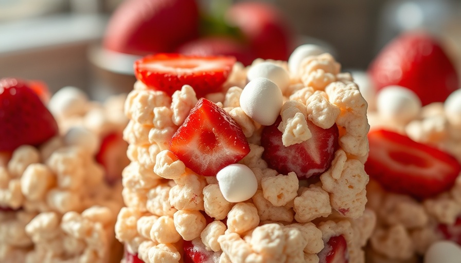 Close-up of strawberries and cream rice krispie treat with vibrant texture.
