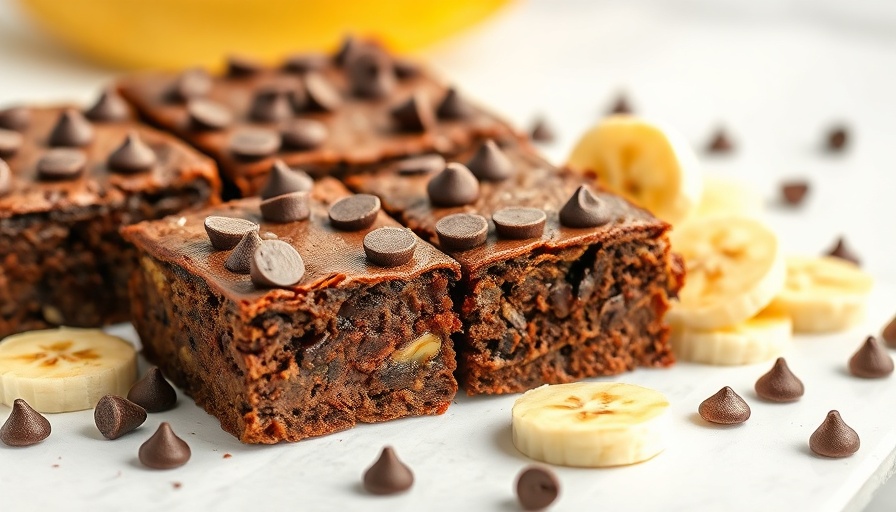 Banana bread brownies with chocolate chips arranged on a white surface.