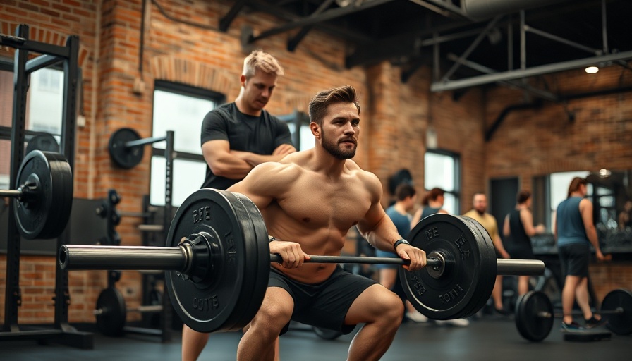 Focused male performing barbell squats in gym with trainer supervision