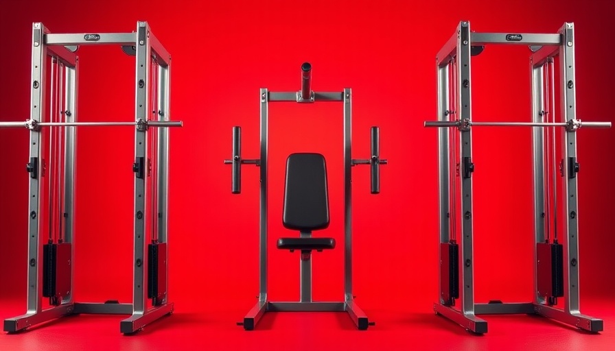 Top Smith machines for home gym displayed on red background.