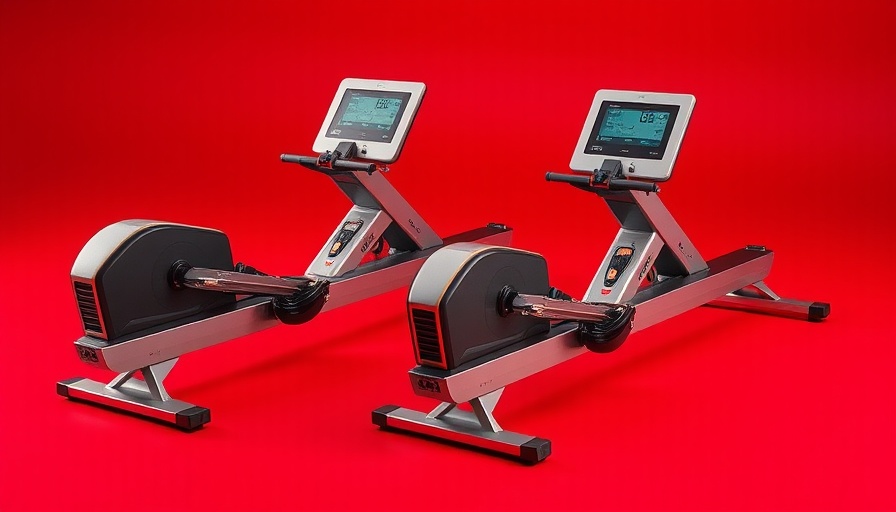 Sleek compact rowing machines with digital displays on red background.
