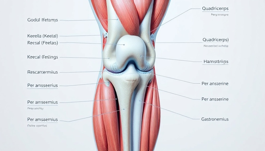 Diagram of knee muscles highlighting quadriceps and hamstrings for knee health exercises.