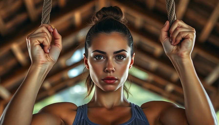Athletic woman gripping gymnastic rings outdoors.