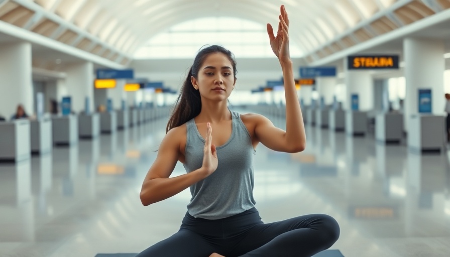 Young woman doing yoga pose at airport terminal.
