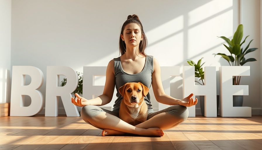 Woman meditating with dog, 'BREATHE' text, calming atmosphere