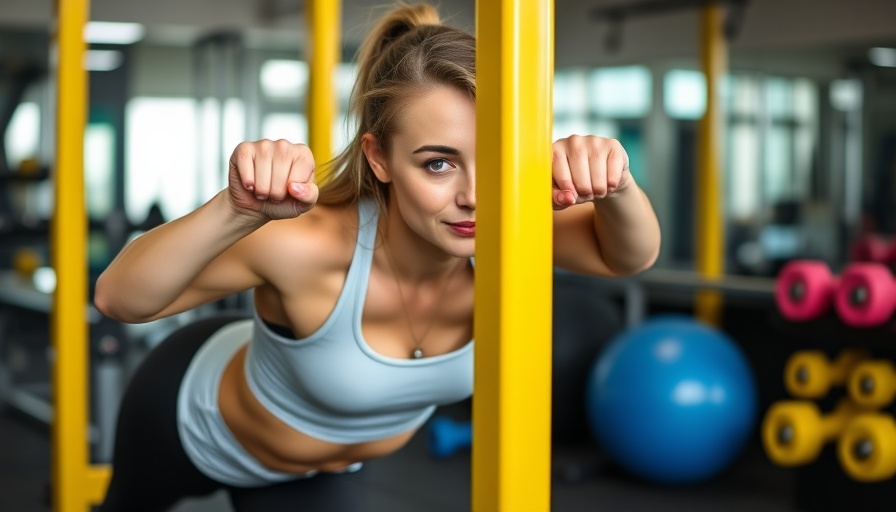 Woman performing dips exercise in a gym with yellow bars.