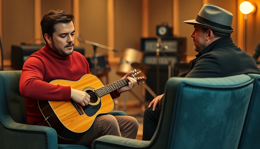 Musician plays guitar while another person listens in a studio setting.
