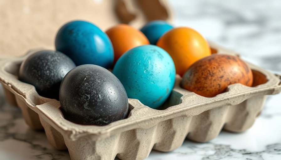 Naturally dyed Easter eggs in a carton on marble surface.