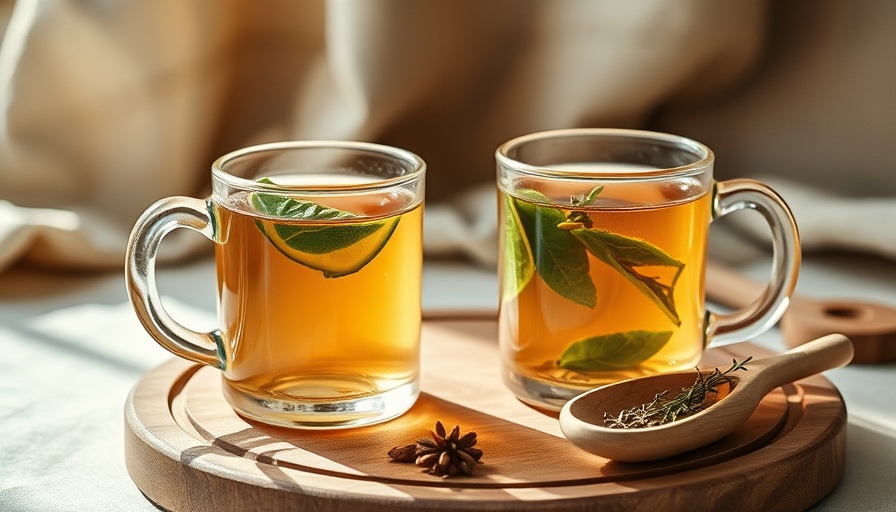 Anti-inflammatory herbal tea in glass mugs on wooden board.
