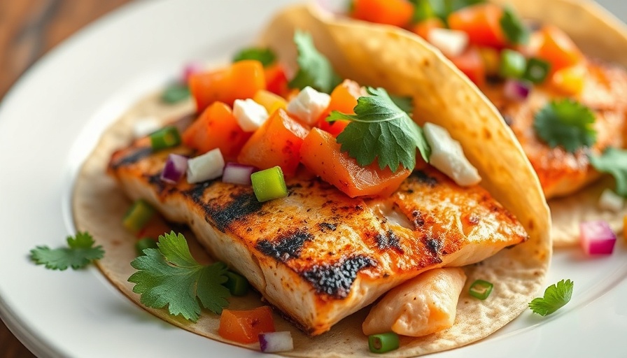 Grilled Salmon Tacos with Avocado Crema topped with cabbage and jalapeños.