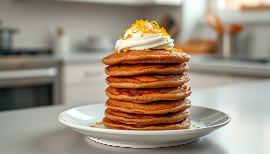 Delicious carrot cake pancakes stacked with cream on top.