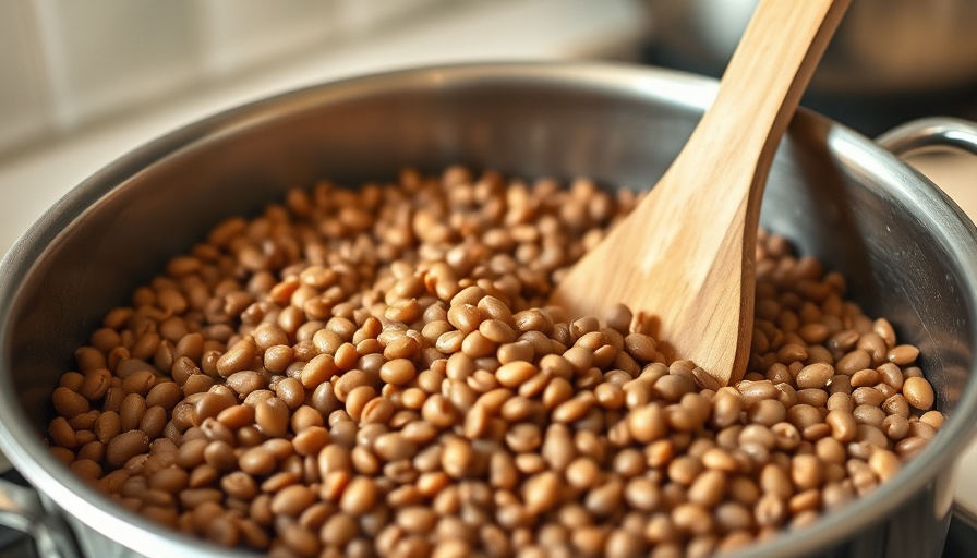 Cooked lentils in pot with wooden spoon, how to cook lentils.