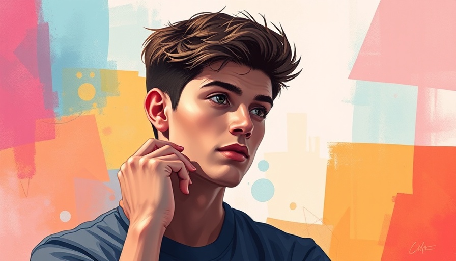 Young man making stressful decisions with colorful abstract background