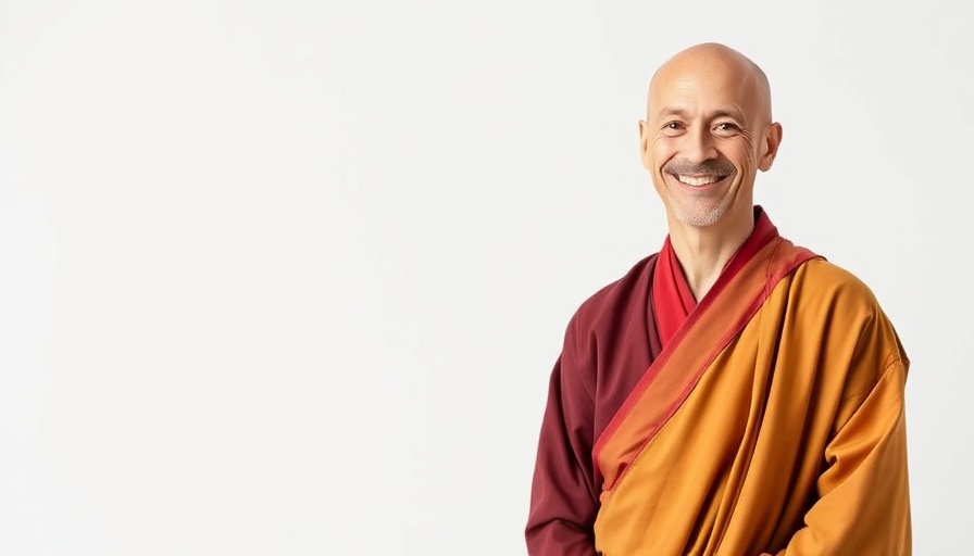 Smiling bald man wearing colorful robes, promoting mindfulness practices for happiness.