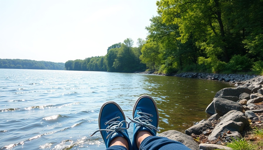 The Pause for Women: serene moment by a shimmering lake with blue shoes.
