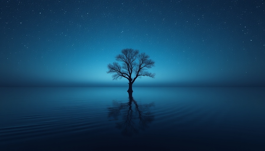 Serene tree reflection under starry sky, evoking spirituality and science stress management