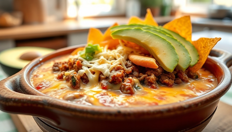Ground Beef Cottage Cheese Queso with avocado and chips.