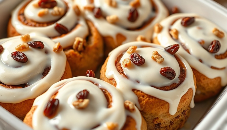 Fresh carrot cake cinnamon rolls with frosting, raisins, and walnuts.