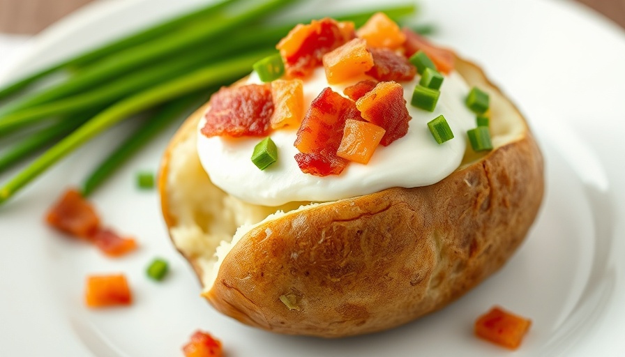 Microwave baked potato topped with sour cream and bacon.