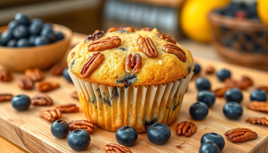 Rustic lemon blueberry muffin with pecans on wooden board