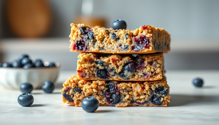 Stacked blueberry quinoa bars on a plate, close-up view.