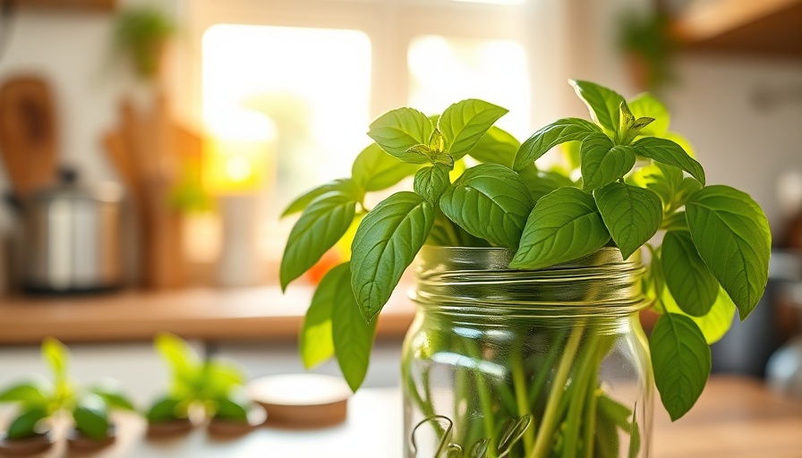 Fresh basil leaves in a jar on a kitchen counter with sunlight.
