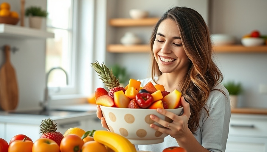 Woman enjoying rainbow recipe in brightly colored kitchen.