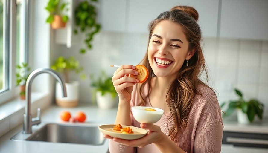 Woman enjoying breakfast in bright kitchen for high cholesterol diet.