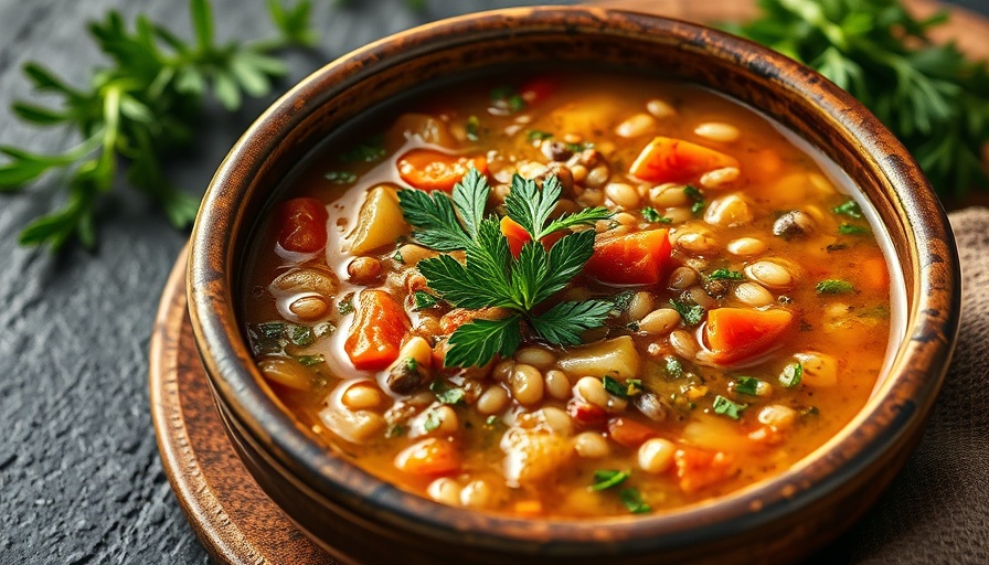 Delicious vegetable barley soup with fresh herbs, showcasing benefits.