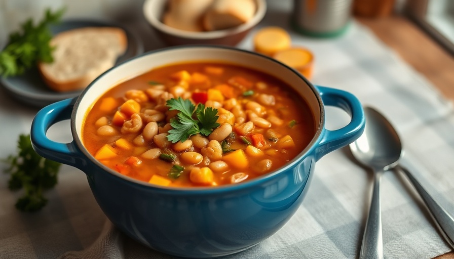 Easy soup recipes for diabetics: vegetable bean soup in blue pot.