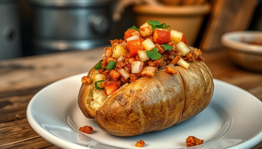 Microwave baked potatoes topped with sour cream and bacon on a plate.