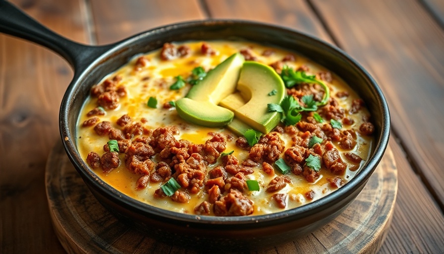 Ground beef cottage cheese queso topped with avocado slices and herbs.